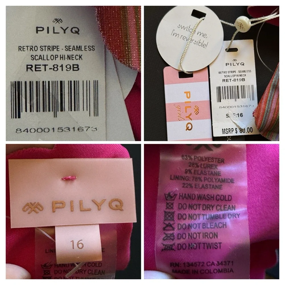 PilyQ Girls 16 Retro Stripe Seamless Scallop High Neck Bikini‎ Reversible NWT